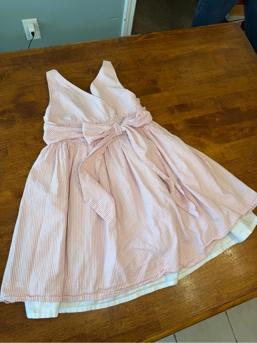 Ralph Lauren Girls Pink White Striped Seersucker Dress Bow size 12